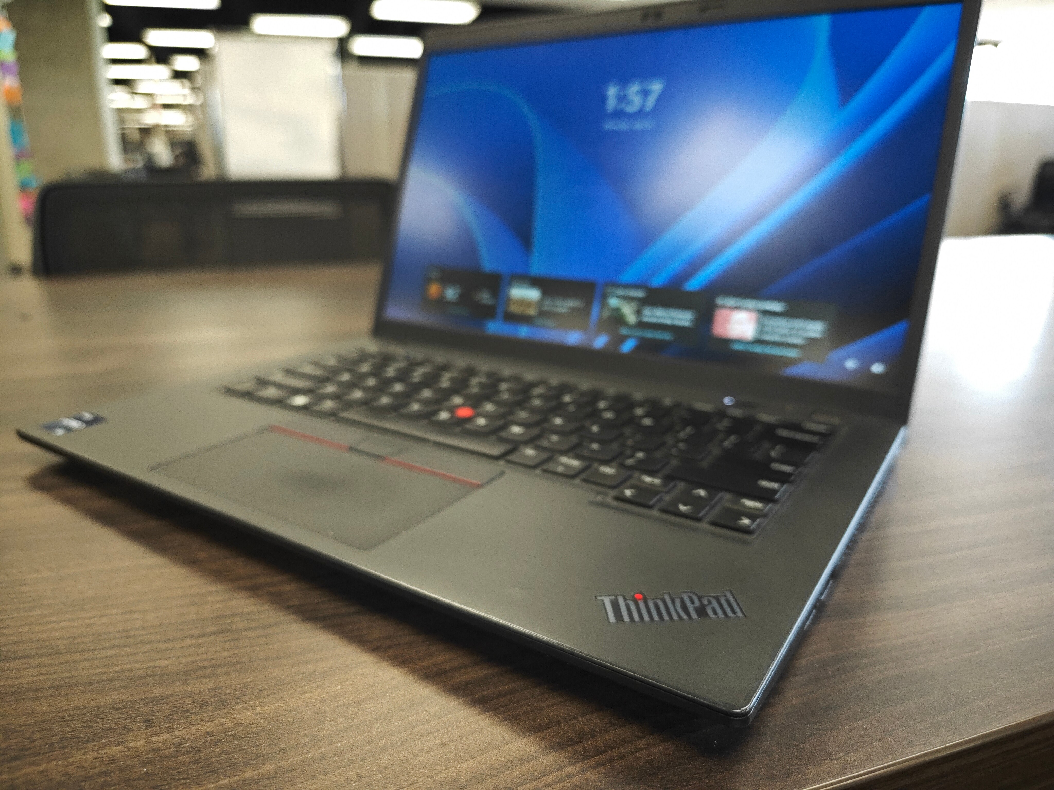 Laptop on brown table